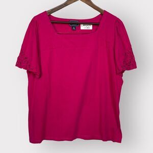 Chaps‎ Blouse Top Women Size 1X Pink Crochet Sleeve Details Square Neck Cotton